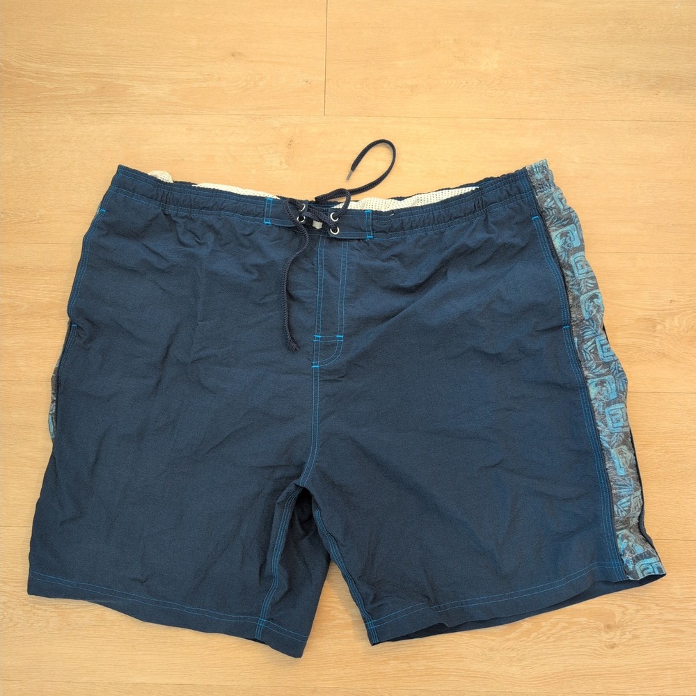 VTG Big Dogs Mens Swim Trunks 2X Navy Blue Tiki Tribal Side Stripe Lined Shorts